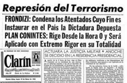 Tapa Clarín sobre la represión del "terrorismo" por parte de Frondizi